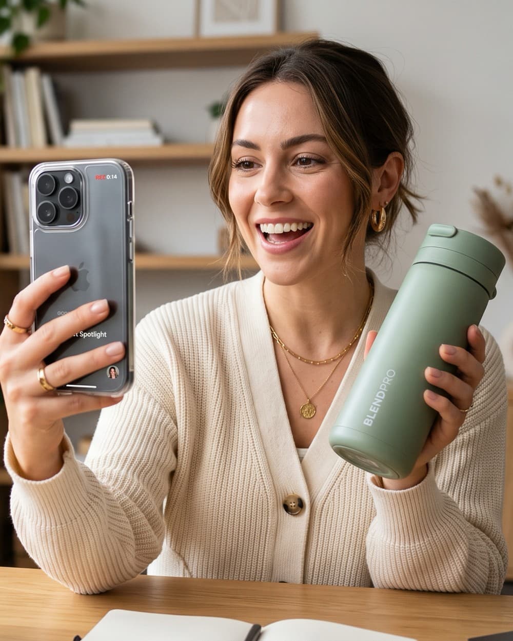 A creator recording a story on her phone while showing a product
